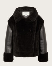 Faux Fur Aviator Jacket, Black (BLACK), large