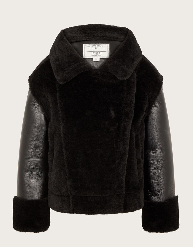 Faux Fur Aviator Jacket, Black (BLACK), large
