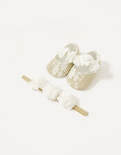 Satin Bow Bootie and Bando Set, Ivory (IVORY), large