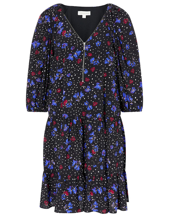 Floral Zip Neck Short Dress, Black (BLACK), large