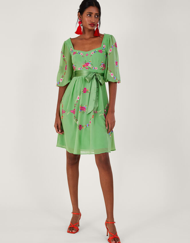 Emelia Floral Embroidered Dress in Recycled Polyester, Green (GREEN), large
