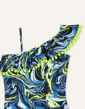 Marble Print One-Shoulder Pom-Pom Swimsuit, Black (BLACK), large