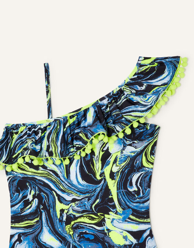 Marble Print One-Shoulder Pom-Pom Swimsuit, Black (BLACK), large