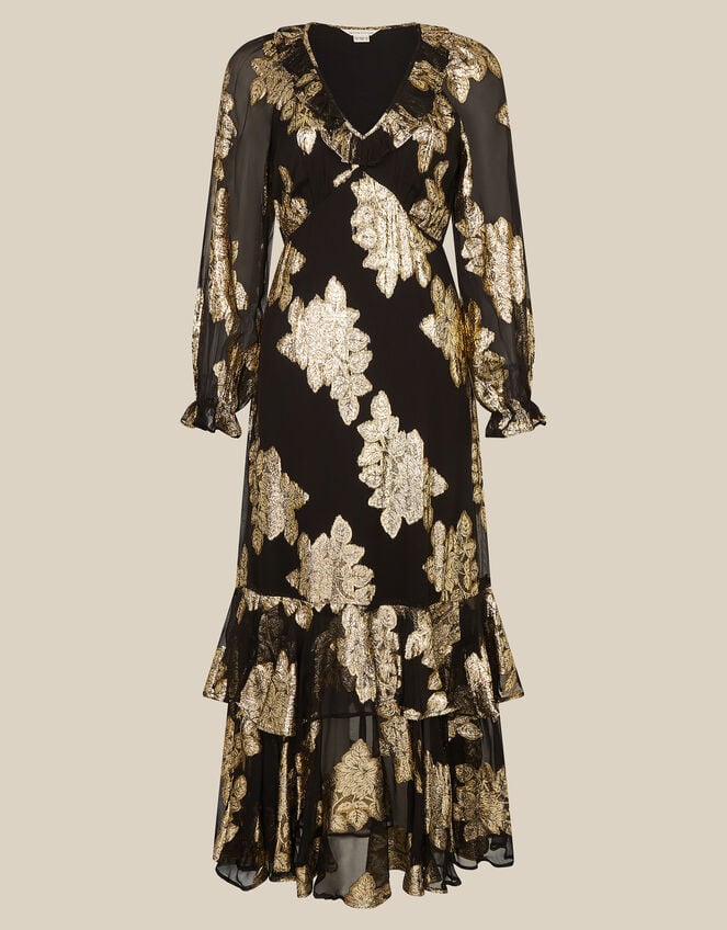 Rowena V-Neck Ruffle Metallic Jacquard Midi Dress, Black (BLACK), large