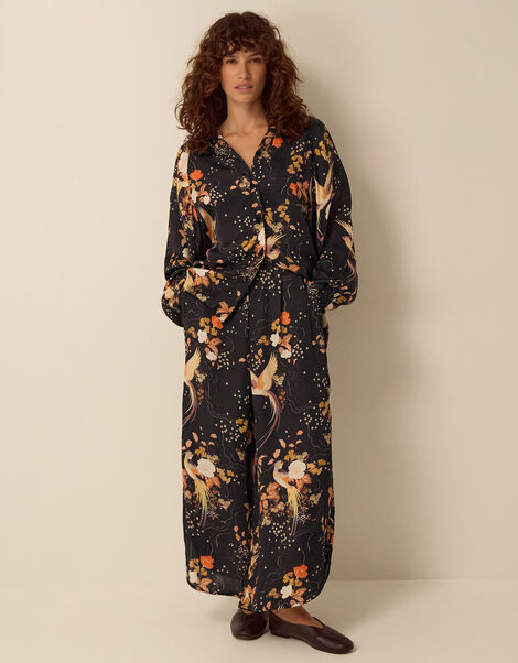 Clemence Seraphine Floral Print Satin Wide Leg Trousers, Black (BLACK), large