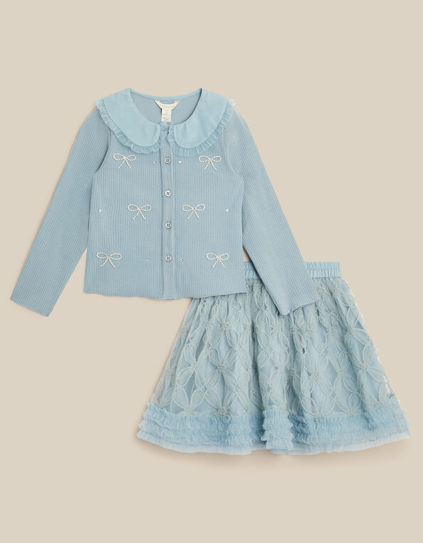 Pearl Bow Top & Appliqu&eacute; Mesh Skirt Set, Blue (BLUE), large