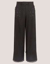 Hayley Embroidered Linen Blend Trousers, Black (BLACK), large