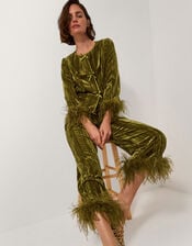 Olivia Feather Cuff Velvet Pants, Green (OLIVE), large