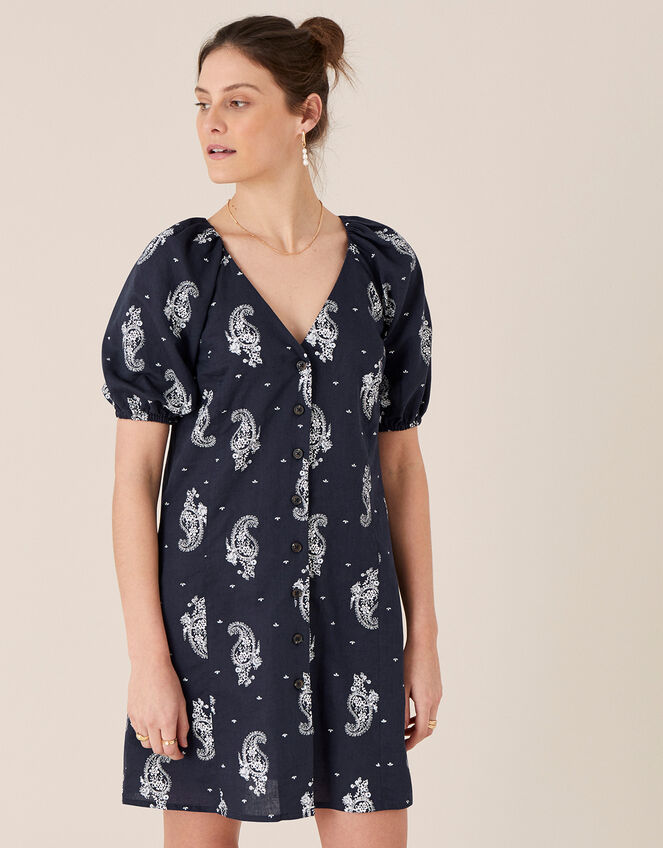 Heritage Print Dress in Linen Blend, Blue (NAVY), large