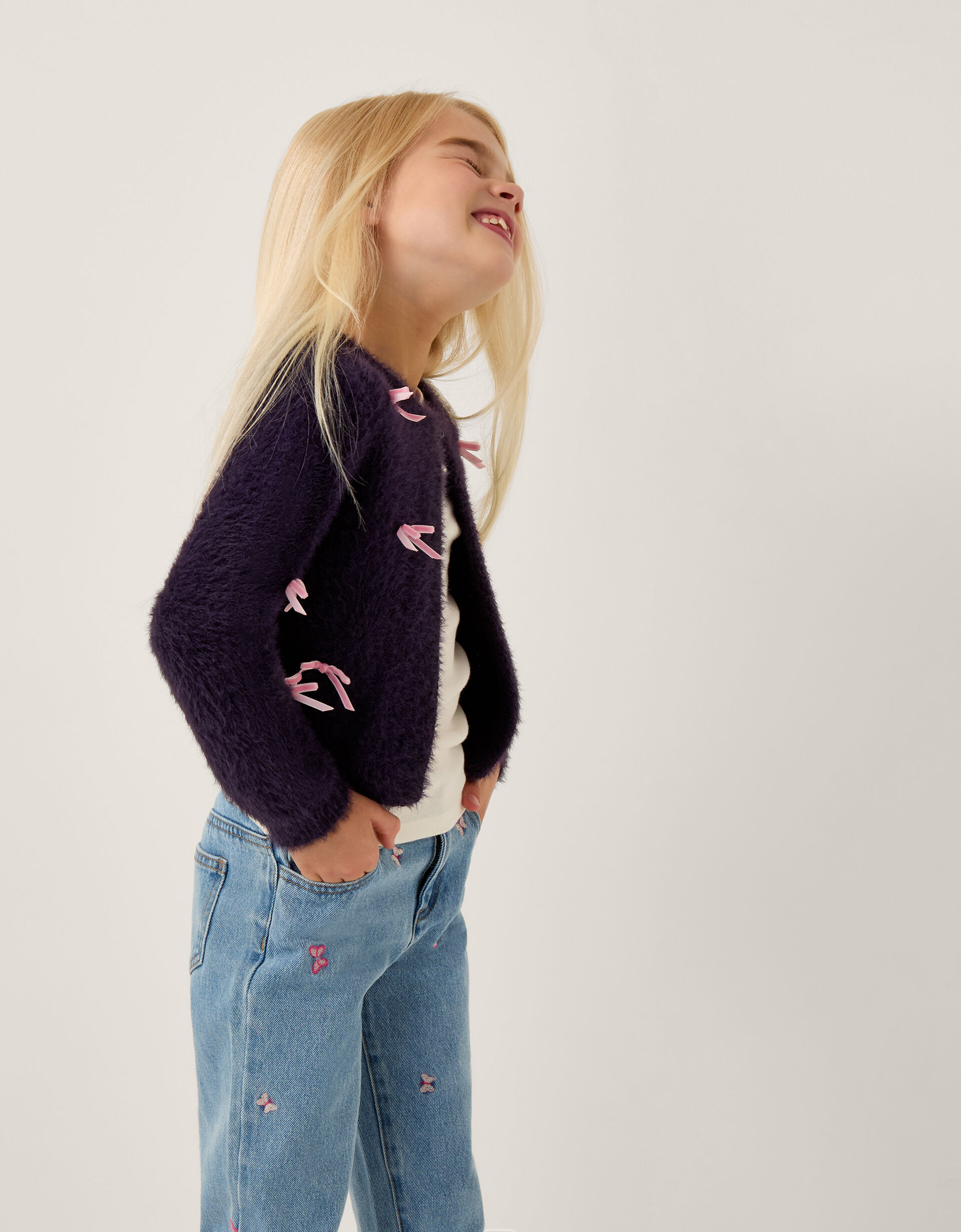 Bow Embellished Fuzzy Cardigan Blue | Girls' Cardigans | Monsoon