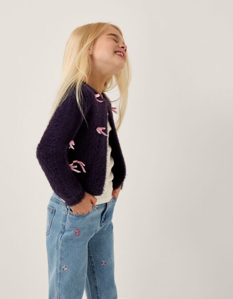 Bow Embellished Fuzzy Cardigan, Blue (NAVY), large