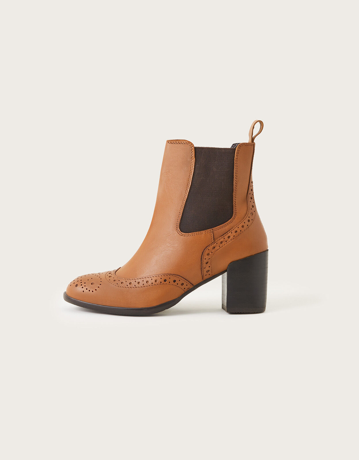 Classic Leather Heeled Brogue Boots Tan