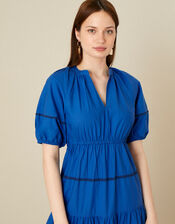 Tiered Midi Dress in Pure Cotton, Blue (COBALT), large