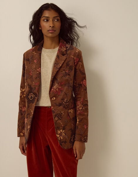 Princella Floral Corduroy Blazer, Brown (BROWN), large