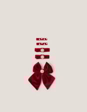 5-Pack Embellished Velvet Bow Hair Clips, Red (RED), large