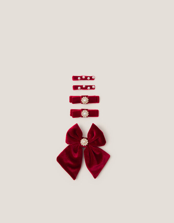 5-Pack Embellished Velvet Bow Hair Clips, Red (RED), large