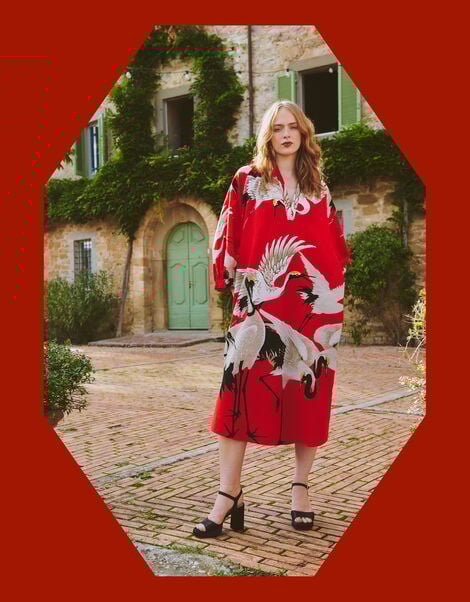 One Hundred Stars Stork Print Midi Dress, Red (RED), large