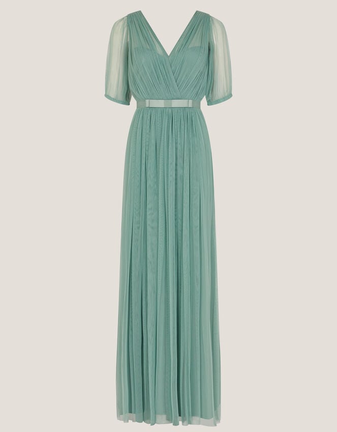 Ellie Sheer Sleeve Plunge Tulle Maxi Dress, Green (SAGE), large