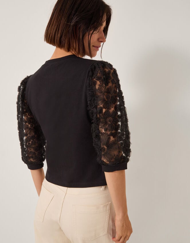 Flavia Sheer Appliqué Sleeve Top, Black (BLACK), large