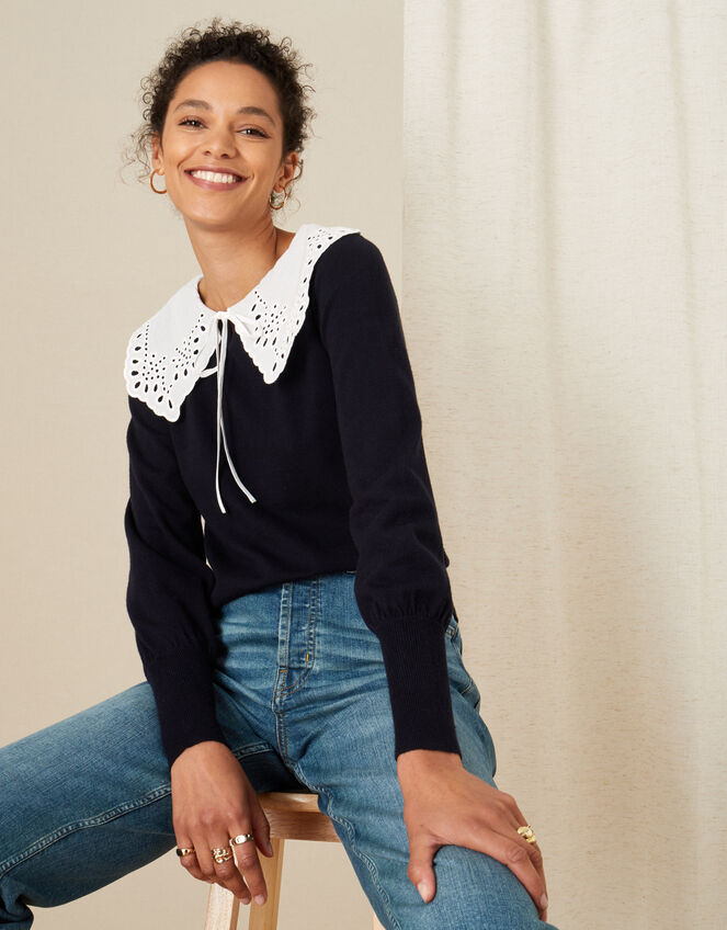 Bella Broderie Collar Jumper, Blue (NAVY), large
