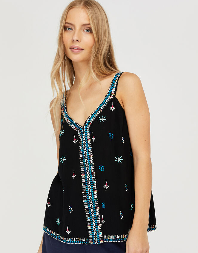 Embroidered Cami Top in LENZING™ ECOVERO™, Black (BLACK), large