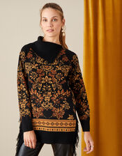 Floral Jacquard Fringed Jumper, Black (BLACK), large