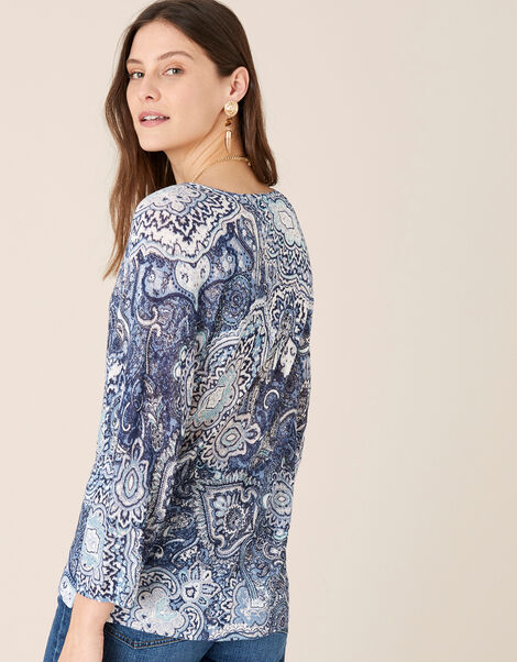 Paisley Print Jumper in Linen Blend Blue, Blue (NAVY), large