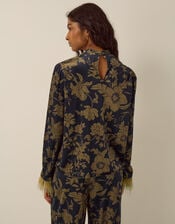 Princella Faux Feather Sleeve Floral Velvet Top, Blue (NAVY), large