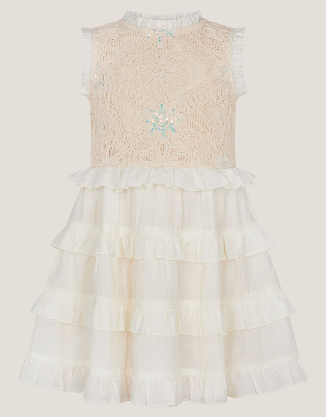 Crochet Yoke Ruffle Dress, Ivory (IVORY), large