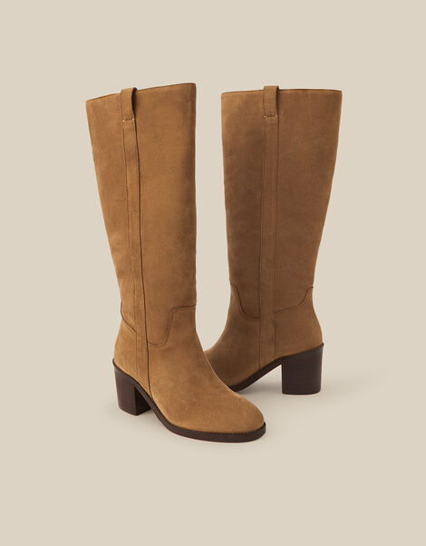 Isla Suede Knee High Heeled Boots, Tan (TAN), large