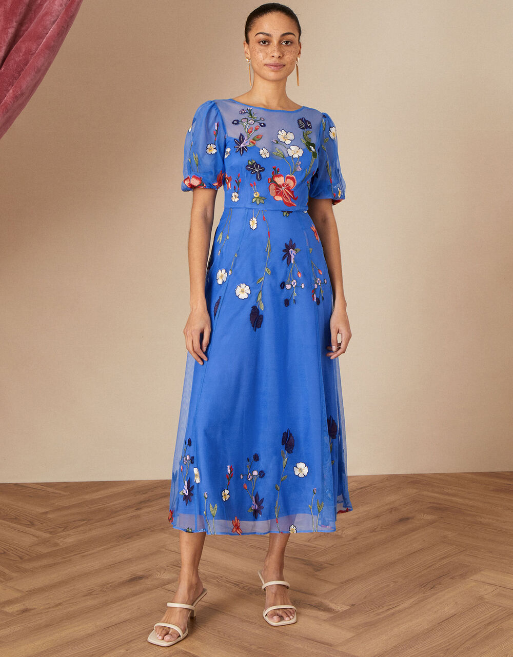 Andrea Embroidered Midi Dress is Recycled Polyester Blue Evening