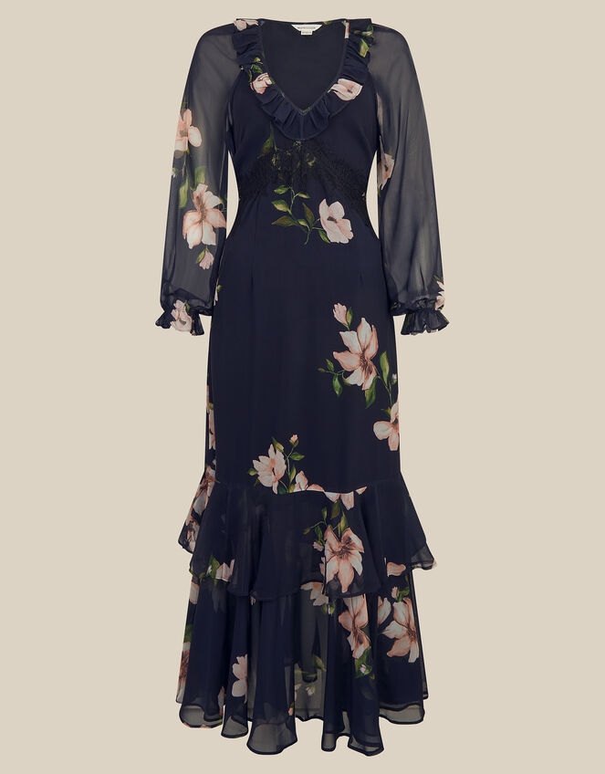 Rowena V-Neck Ruffle Floral Print Maxi Dress, Blue (NAVY), large