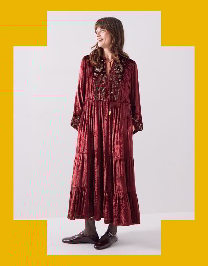 East Brogan Sequin Velvet Tiered Maxi Dress, Red (BERRY), large