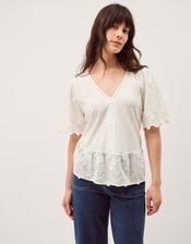 Freya V-Neck Floral Broderie Top, Ivory (IVORY), large