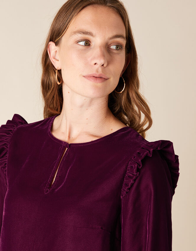 Velvet Ruffle Trim Top, Purple (PLUM), large
