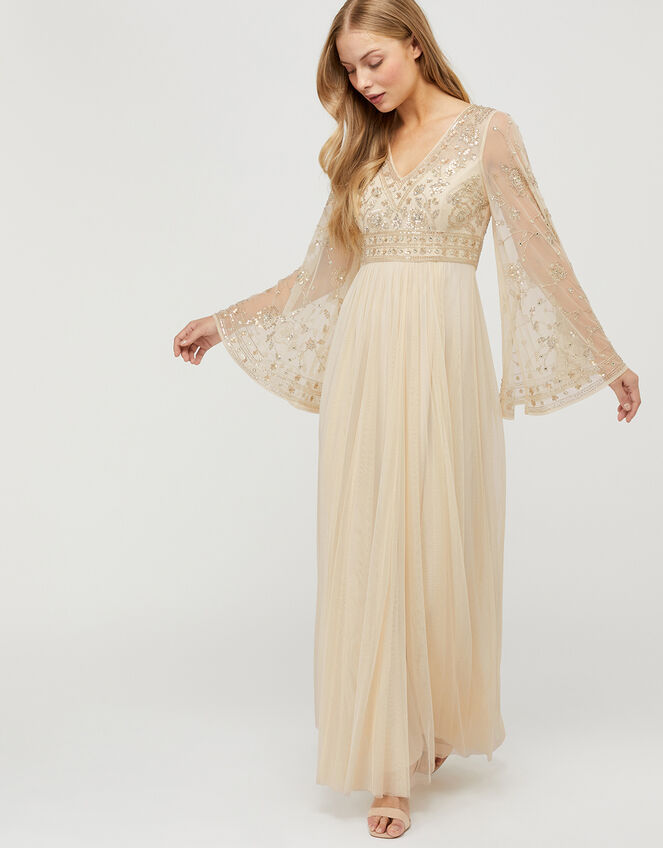 Fleur Embellished Flared Sleeve Maxi Dress Natural