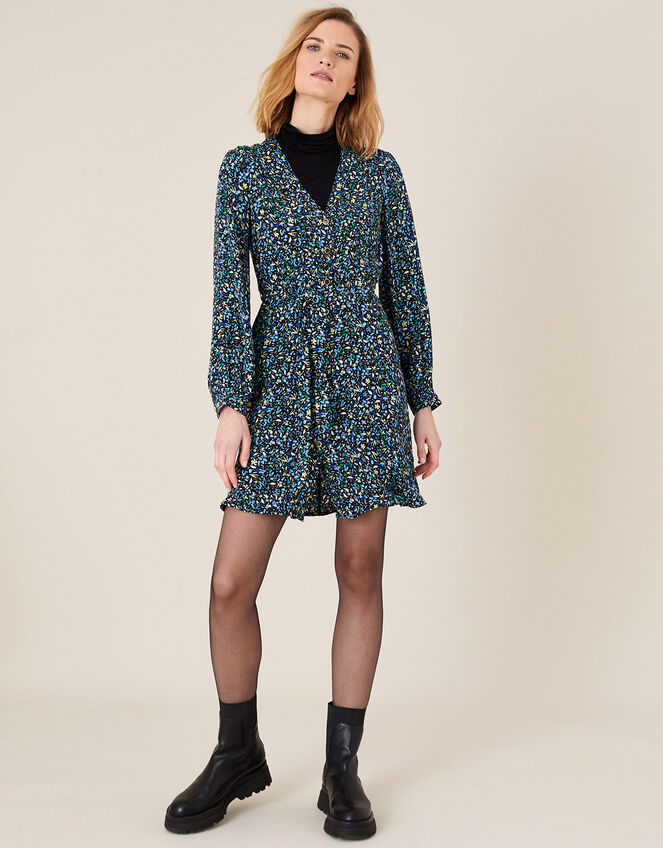 Floral Belted Short Dress, Black (BLACK), large