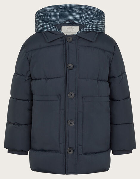 Houndstooth Hood Puffer Coat, Blue (NAVY), large