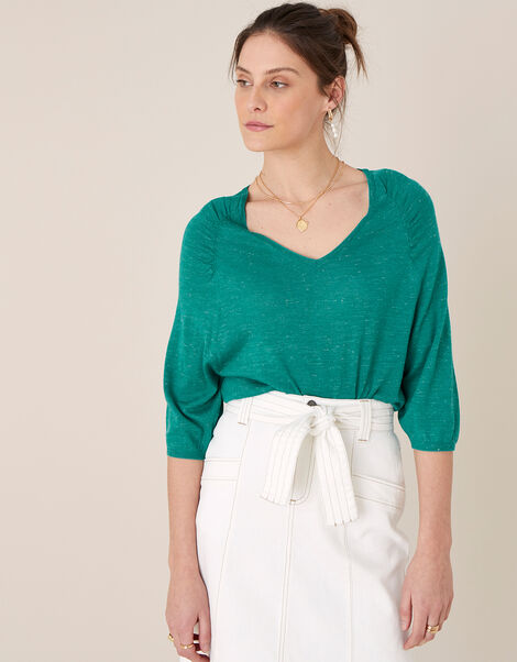 Gathered Sleeve Jumper in Linen Blend Teal, Teal (TEAL), large