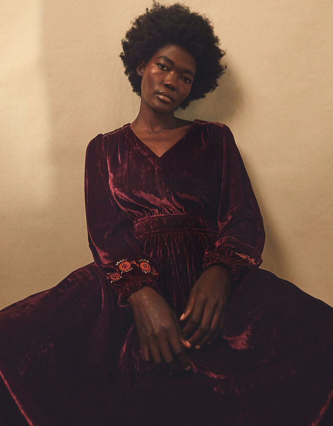 East Everly Floral Embroidered Velvet Maxi Dress, Purple (PLUM), large