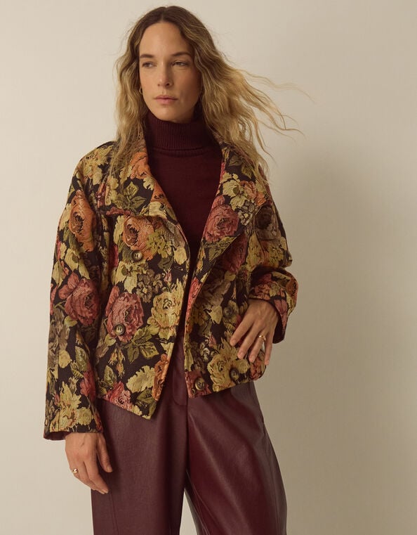 Jessie Funnel Neck Floral Jacquard Jacket, Black (BLACK), large
