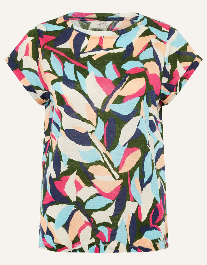 Palm Print Top in Pure Linen, Green (KHAKI), large