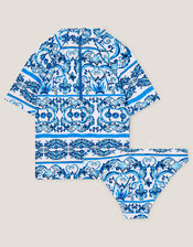 Floral Print UPF50+ Rash Vest & Swim Briefs Set, Blue (BLUE), large