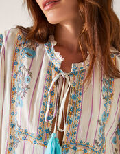 Elora Floral Stripe Tie Blouse, Ivory (IVORY), large