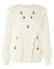 Embroidered Chunky Knit Jumper, Ivory (IVORY), large