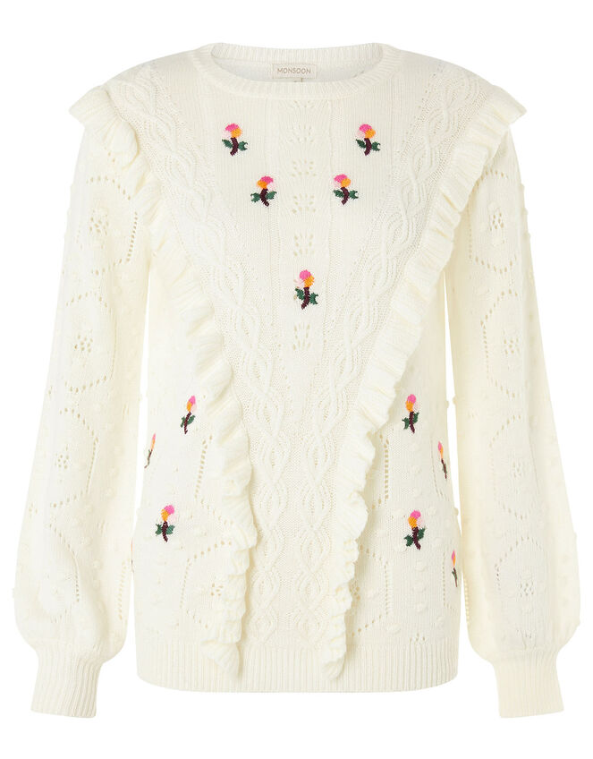Embroidered Chunky Knit Jumper, Ivory (IVORY), large