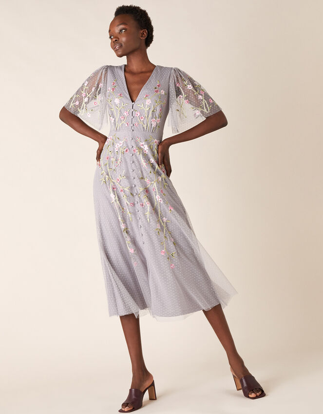 Natalia Floral Embellished Tea Dress, Grey (GREY), large