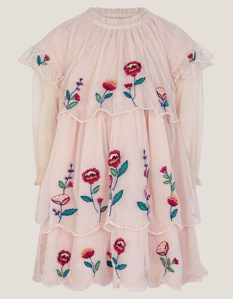 Baby Floral Embroidered Scallop Tier Dress, Ivory (IVORY), large