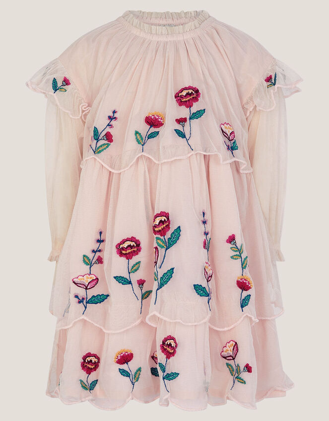 Baby Floral Embroidered Scallop Tier Dress, Ivory (IVORY), large