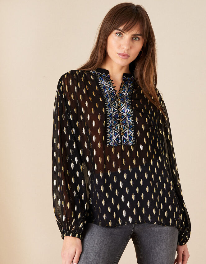 Gemma Embroidered Metallic Top, Black (BLACK), large